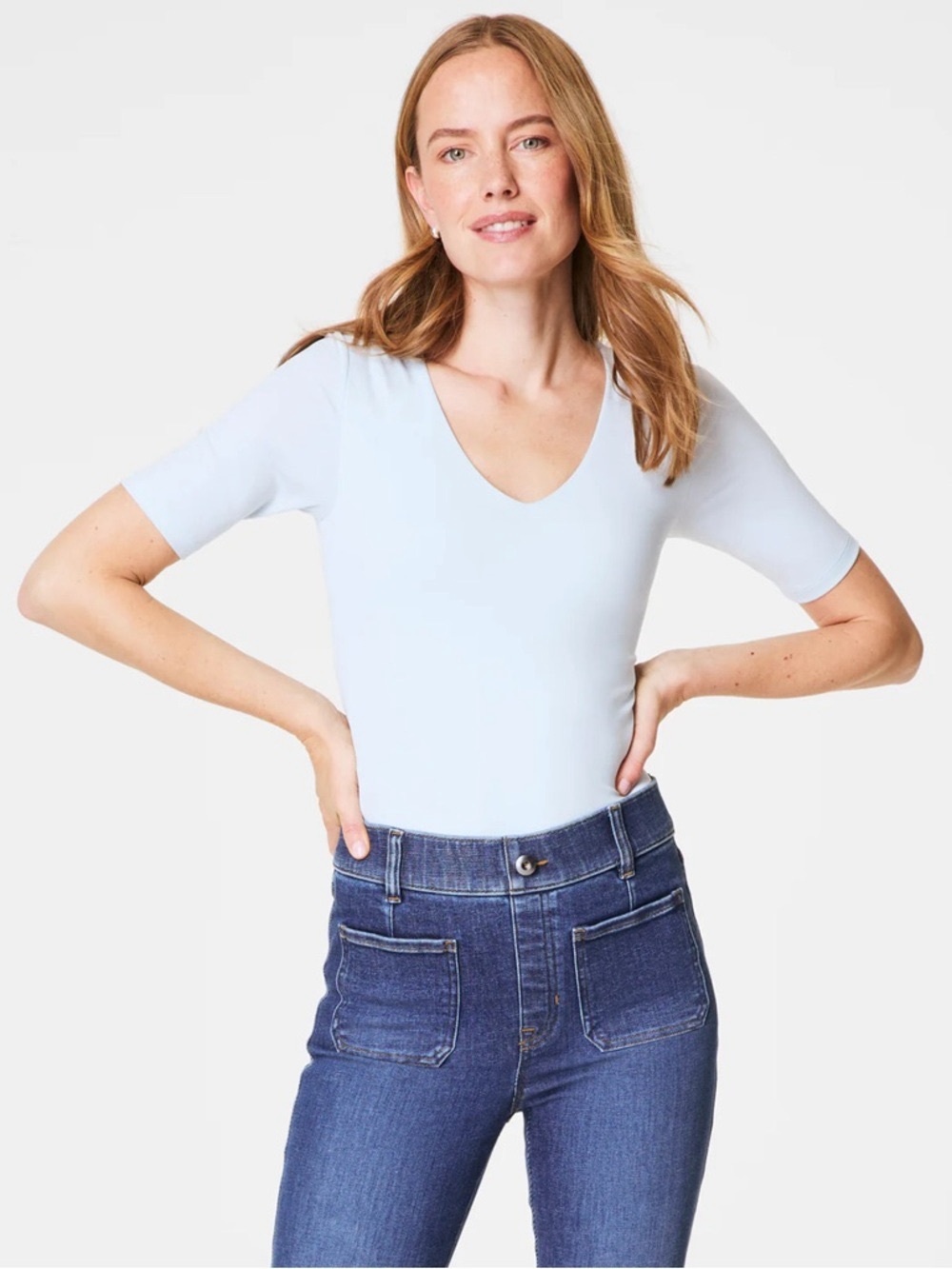 Spanx On Top and In Control Elbow Length Scoop Neck Top size XL in Light Blue